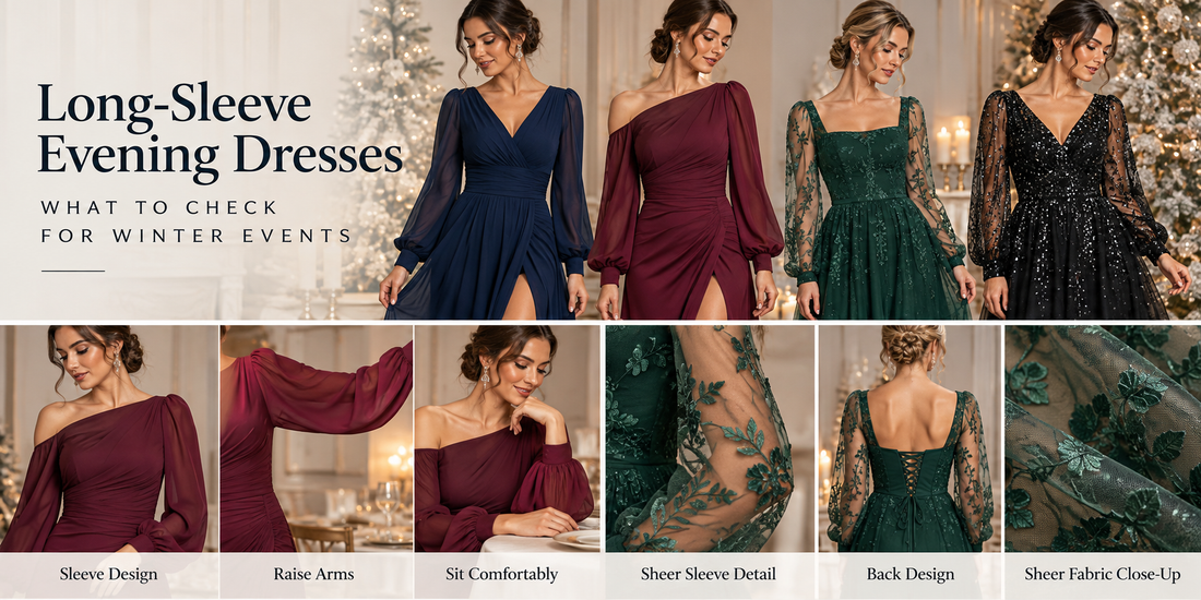 Long-sleeve evening dresses for winter events, illustrating sleeve styles and fit considerations