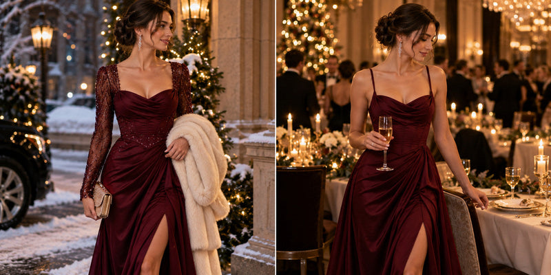 Burgundy long-sleeve and sleeveless evening gown styling comparison across cold outdoor and warm indoor winter settings