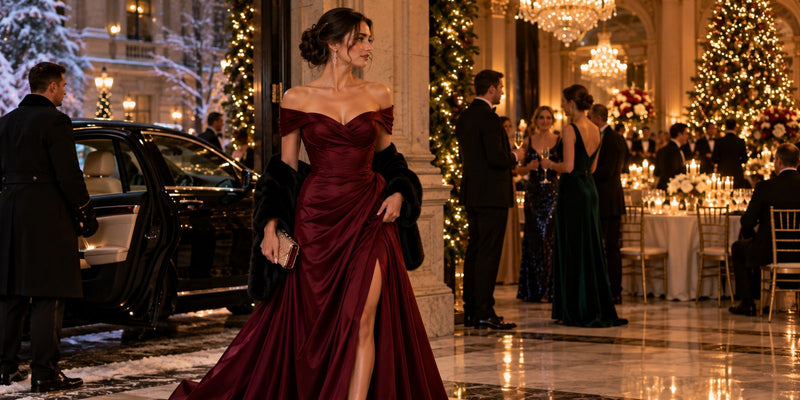 Woman in a floor-length burgundy gown arriving at a winter black-tie gala inside a decorated hotel ballroom