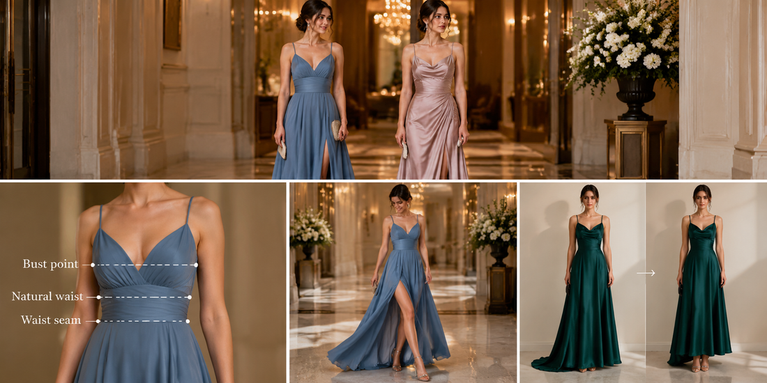 Petite evening dress proportion comparison showing bust, waist, slit and hem placement