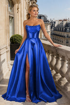 Draped Strapless High-Slit A-Line Evening Gown