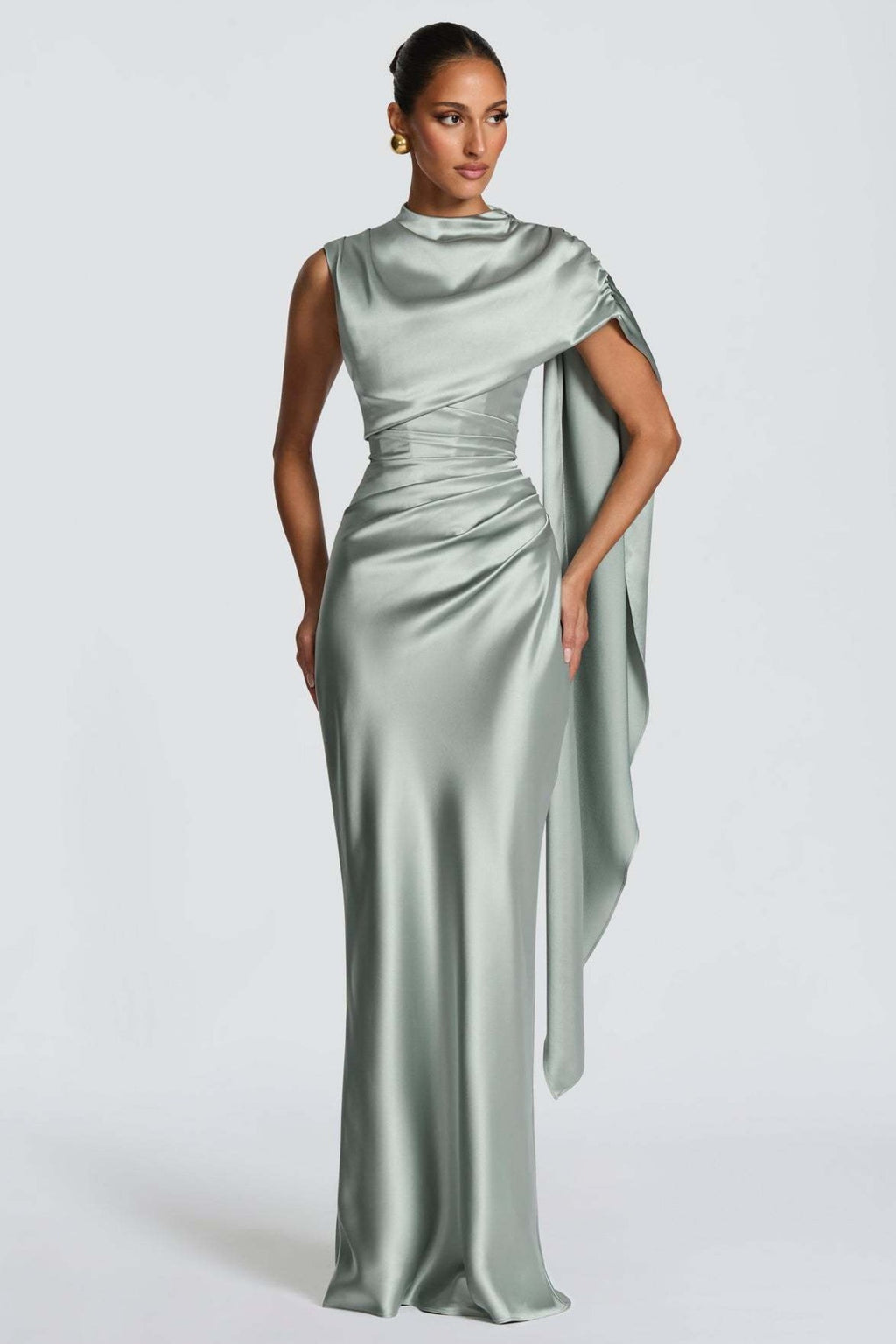 Draped-Neck Satin Column Gown with Cape Detail