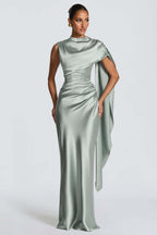 Draped-Neck Satin Column Gown with Cape Detail