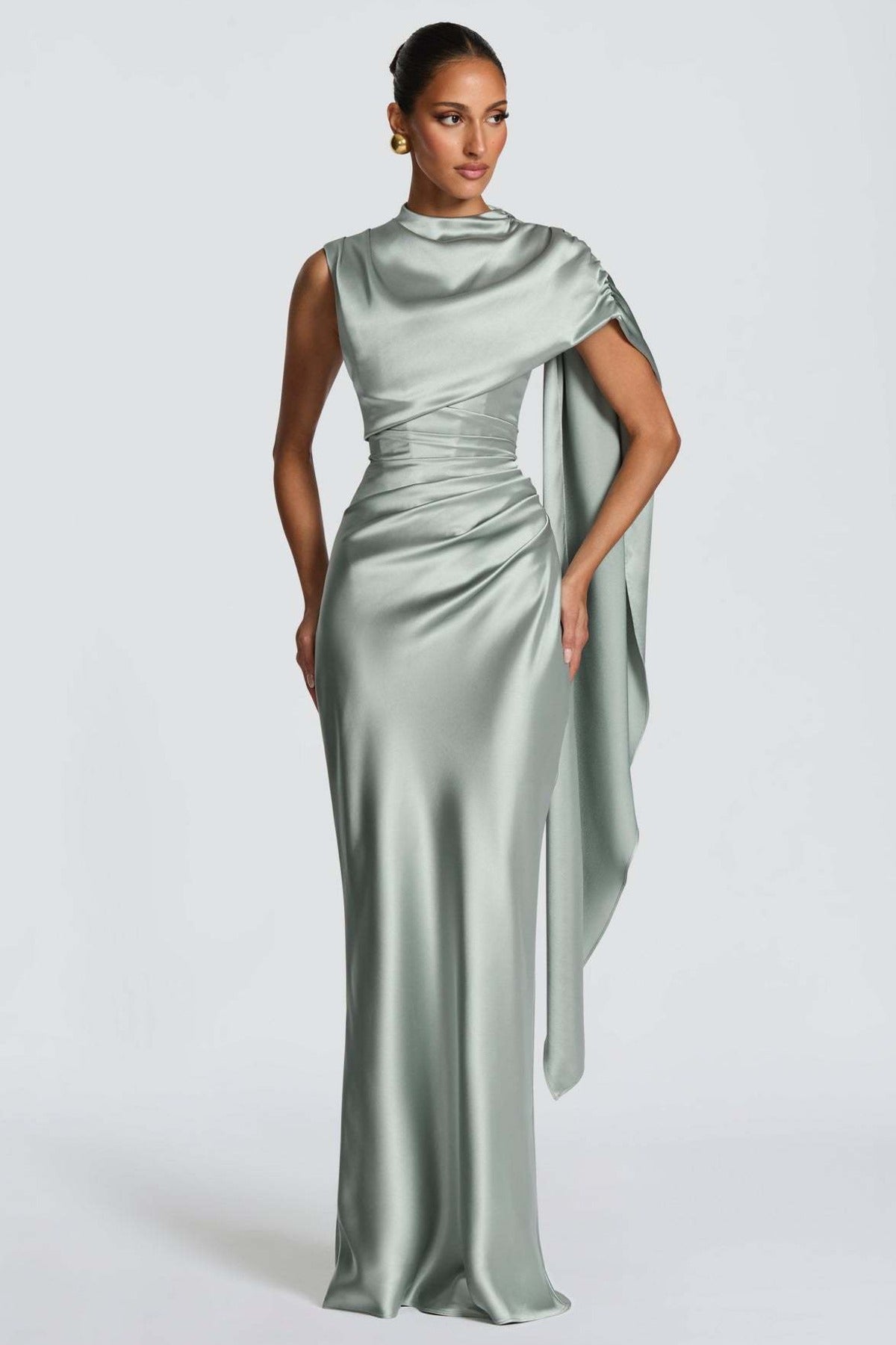 Draped-Neck Satin Column Gown with Cape Detail