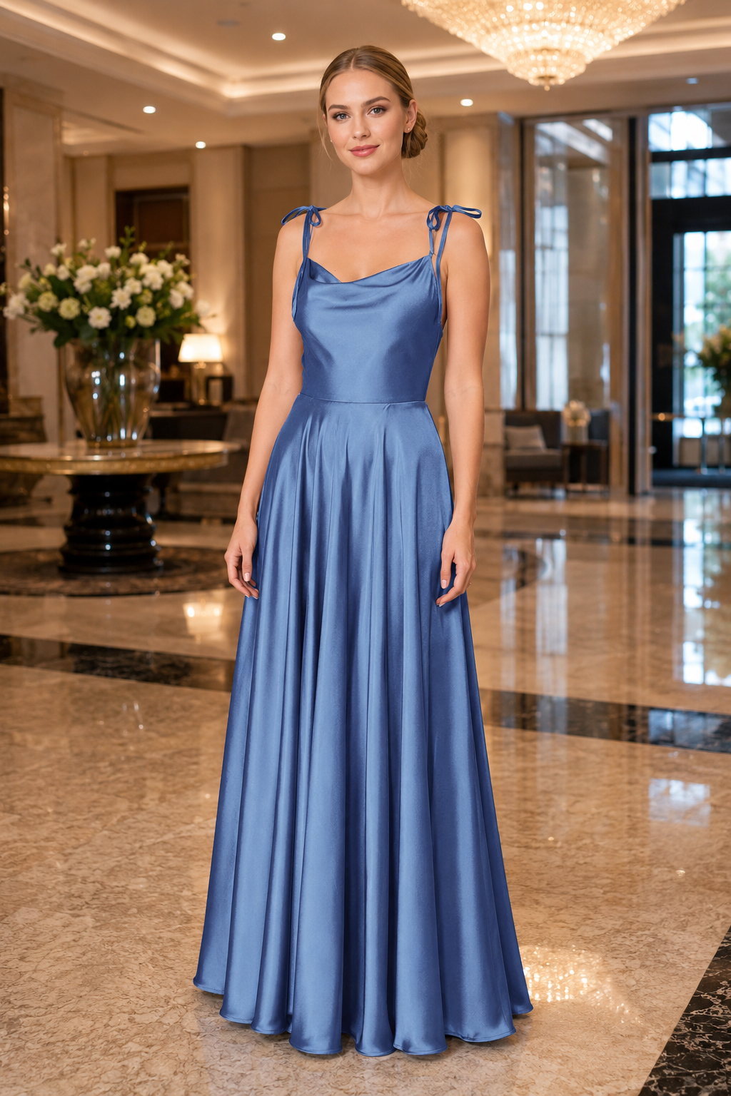 Tie-Strap Cowl-Neck A-Line Evening Gown