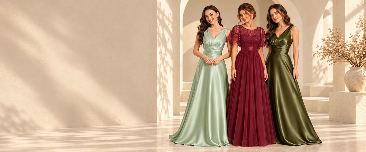 Aururio evening gowns in mint satin, burgundy embroidered tulle and olive satin