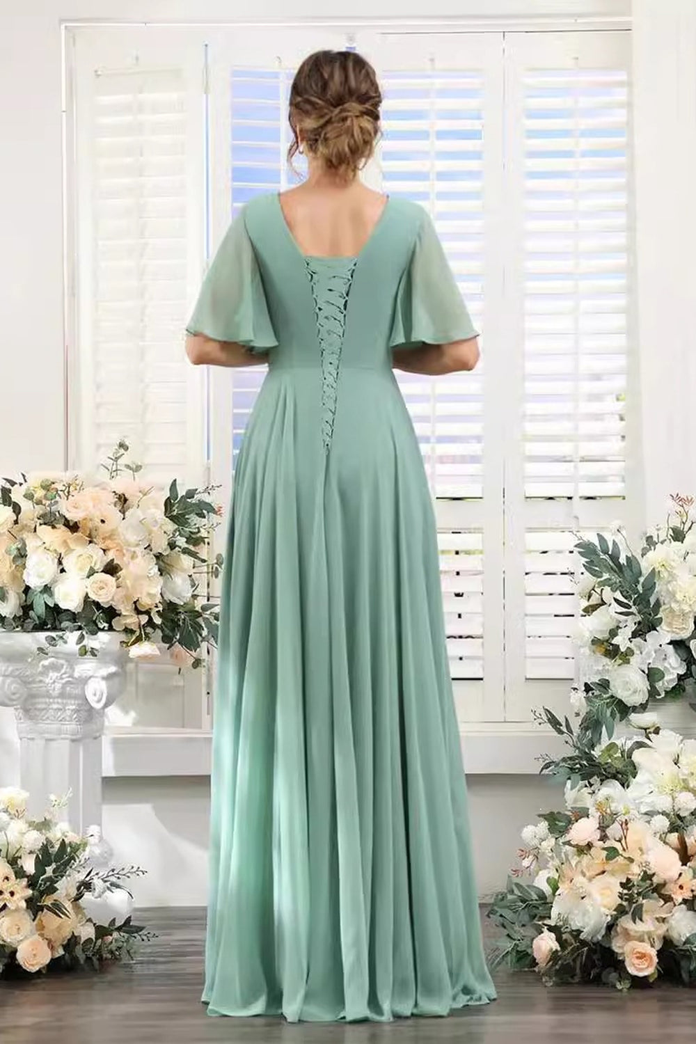 V-Neck Flutter Sleeve Ruched High-Slit Evening Gown
