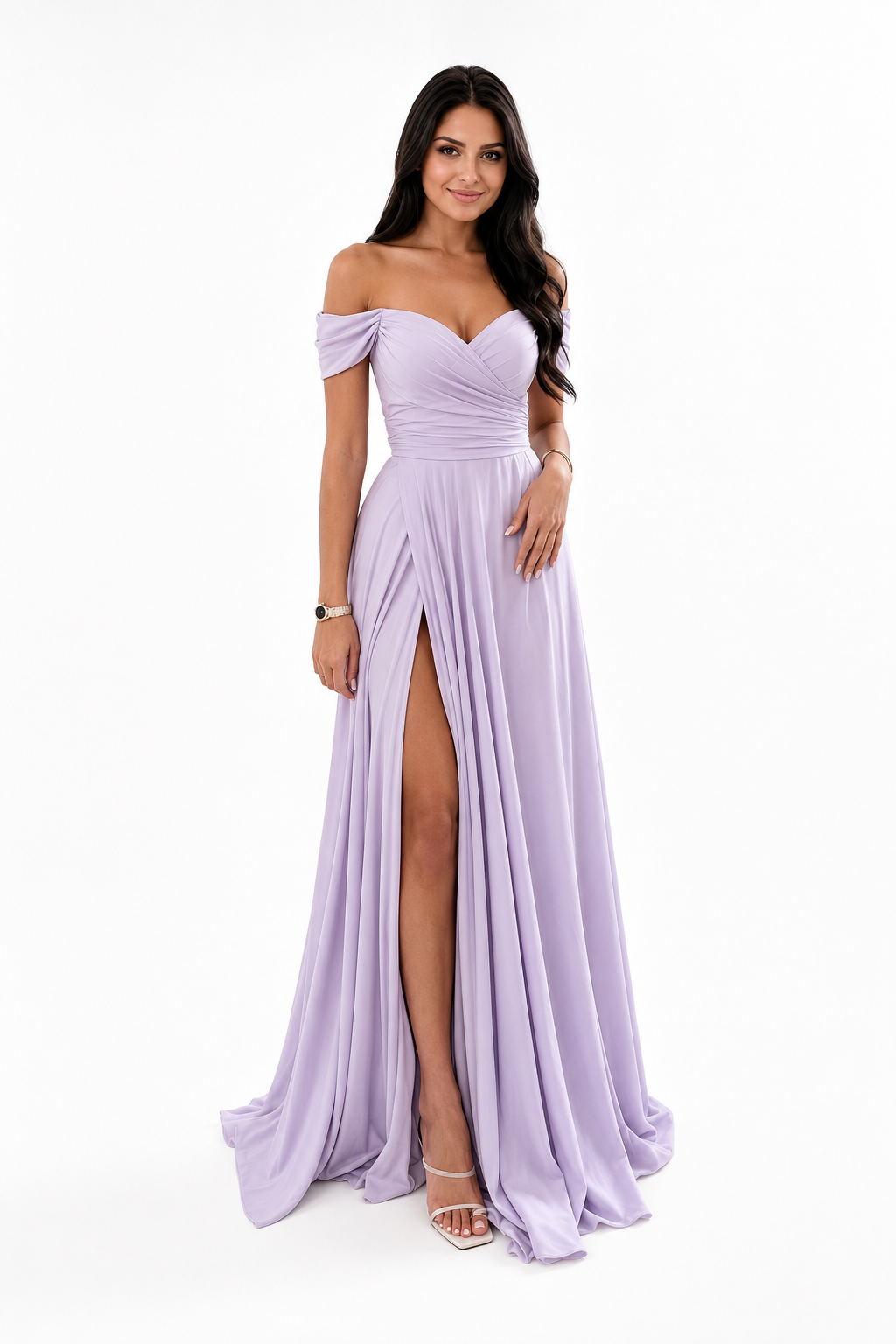 Off-Shoulder Ruched A-Line Evening Gown with Slit