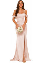 Draped Off-Shoulder A-Line Evening Gown with Side Slit
