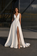 Deep V-Neck Waistband A-Line Evening Gown