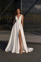 Deep V-Neck Waistband A-Line Evening Gown