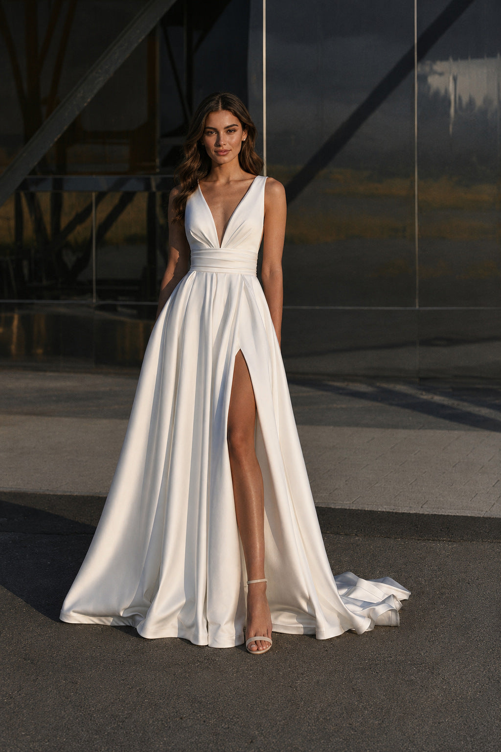 Deep V-Neck Waistband A-Line Evening Gown