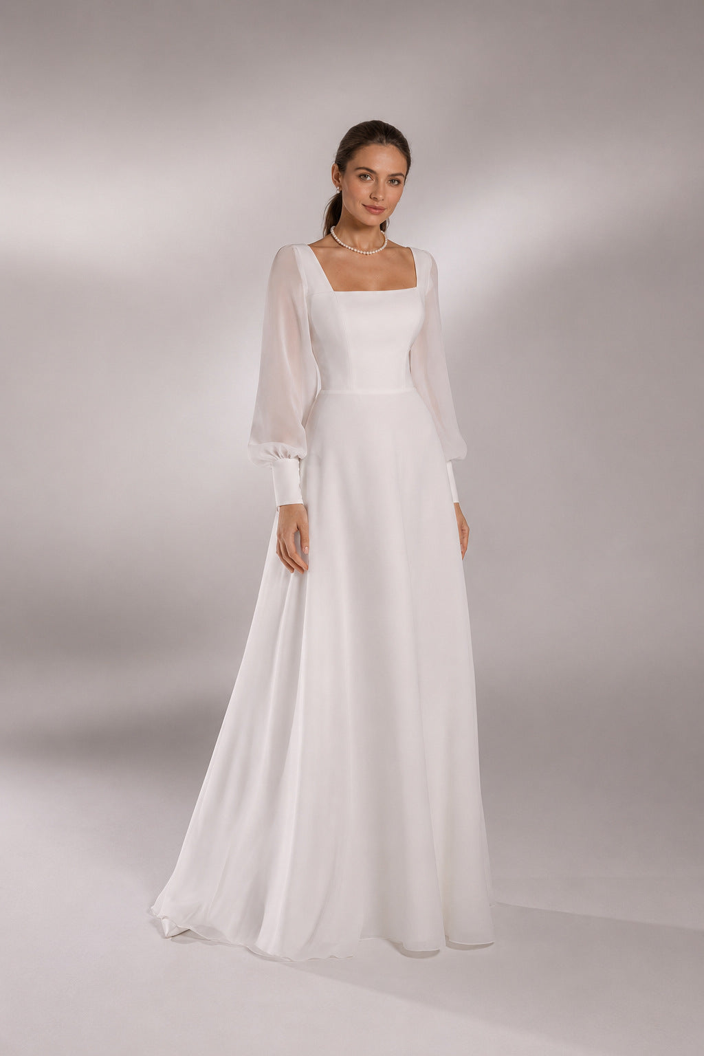 Square-Neck Sheer-Sleeve Lace-Up Back A-Line Gown