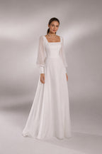 Square-Neck Sheer-Sleeve Lace-Up Back A-Line Gown