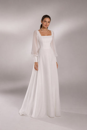 White square-neck sheer-sleeve lace-up-back A-line formal gown front full view
