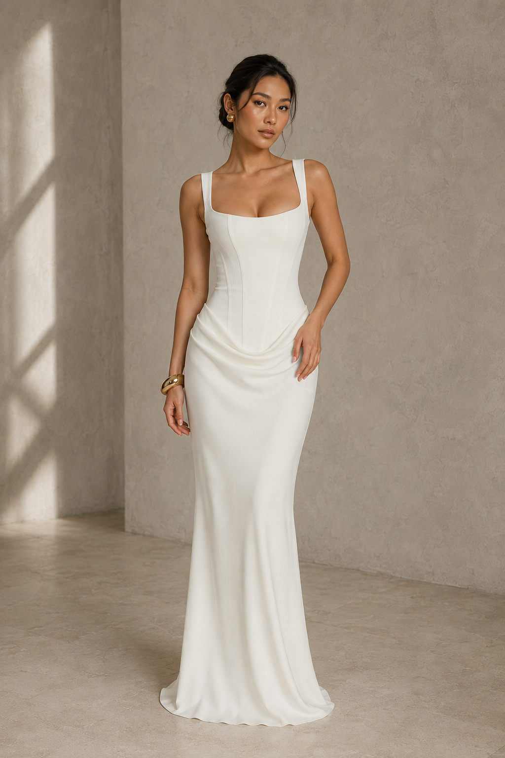Square Neck Ruched Column Evening Gown with Lace-Up Back
