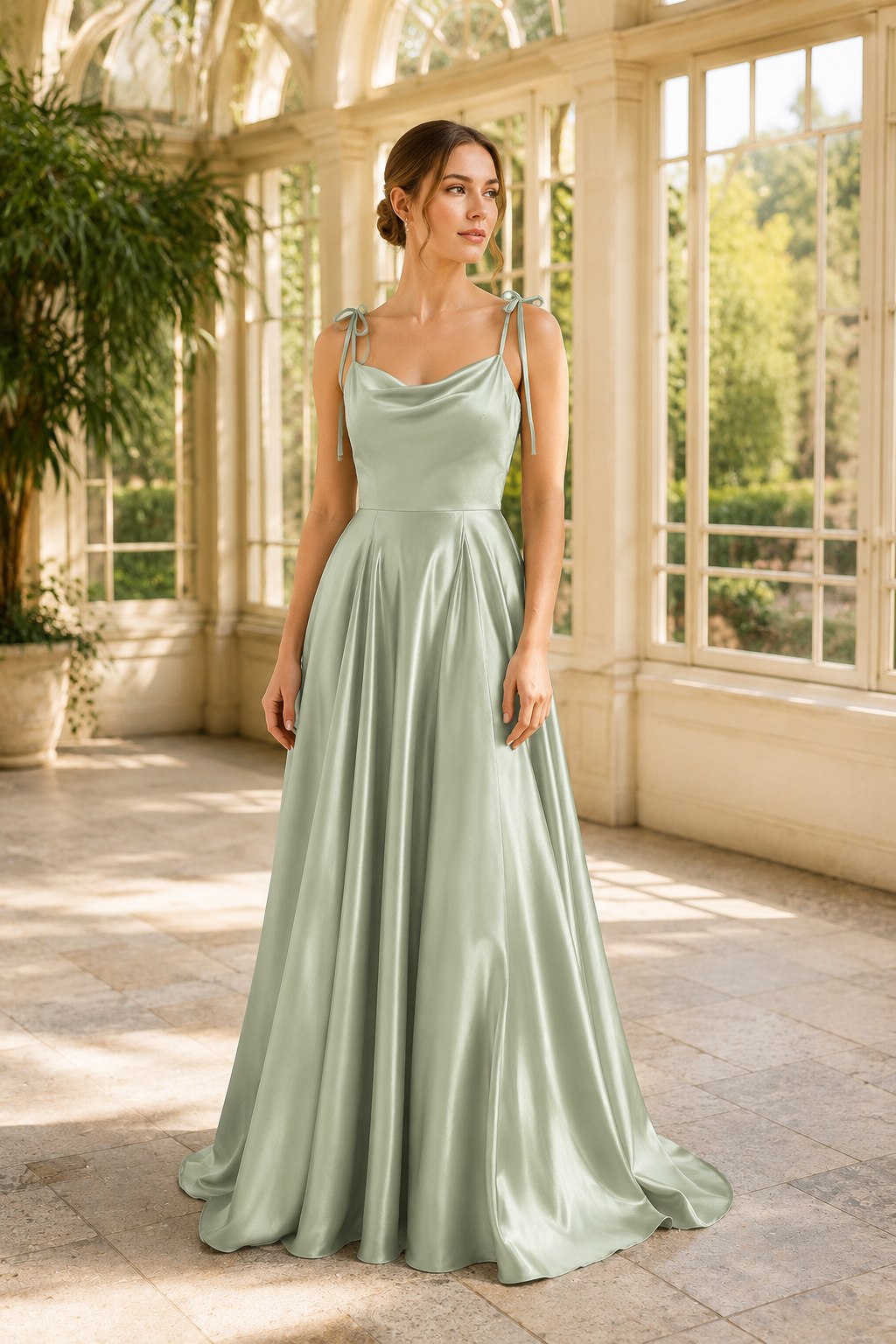 Tie-Strap Cowl-Neck A-Line Evening Gown