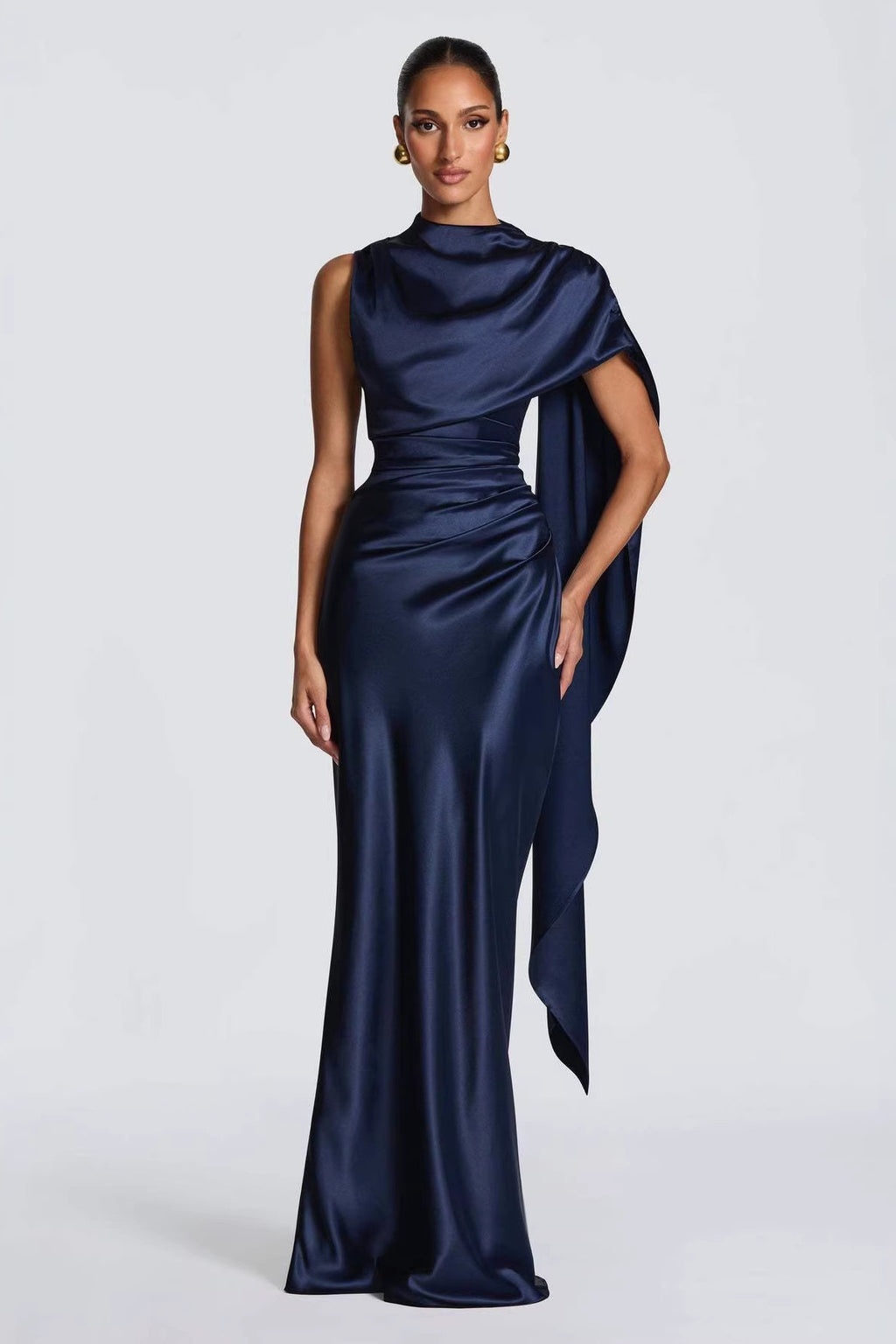 Draped-Neck Satin Column Gown with Cape Detail