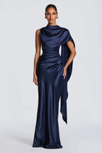 Draped-Neck Satin Column Gown with Cape Detail