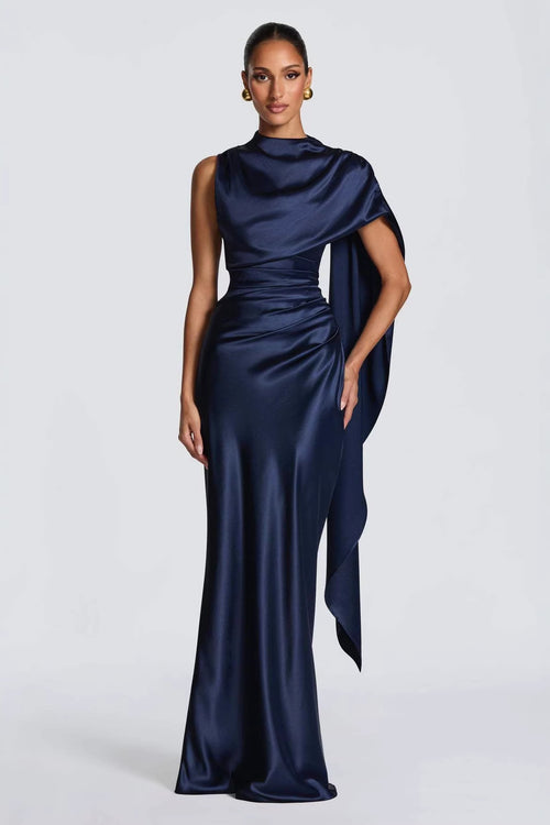 Draped-Neck Satin Column Gown with Cape Detail