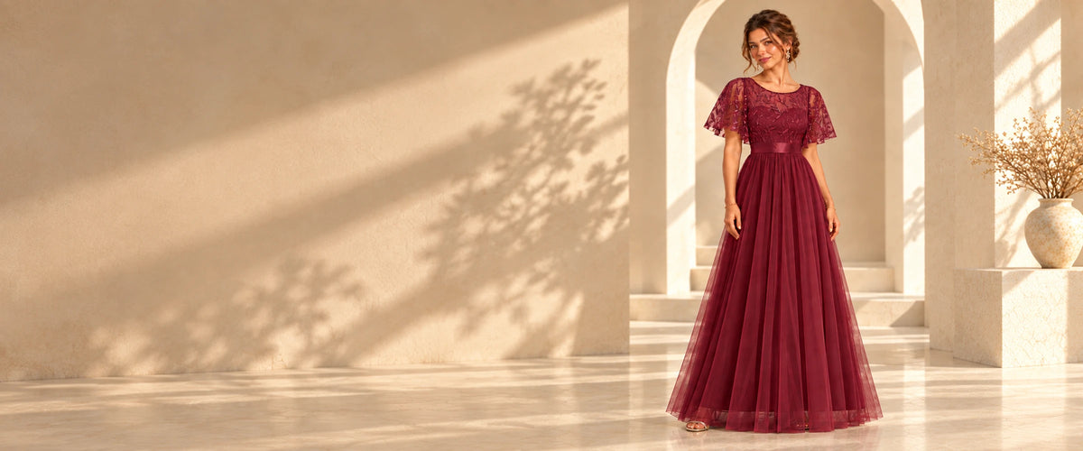 Burgundy embroidered flutter-sleeve tulle evening gown in an ivory arcade