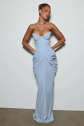 Powder blue strapless ruched mermaid evening gown front view