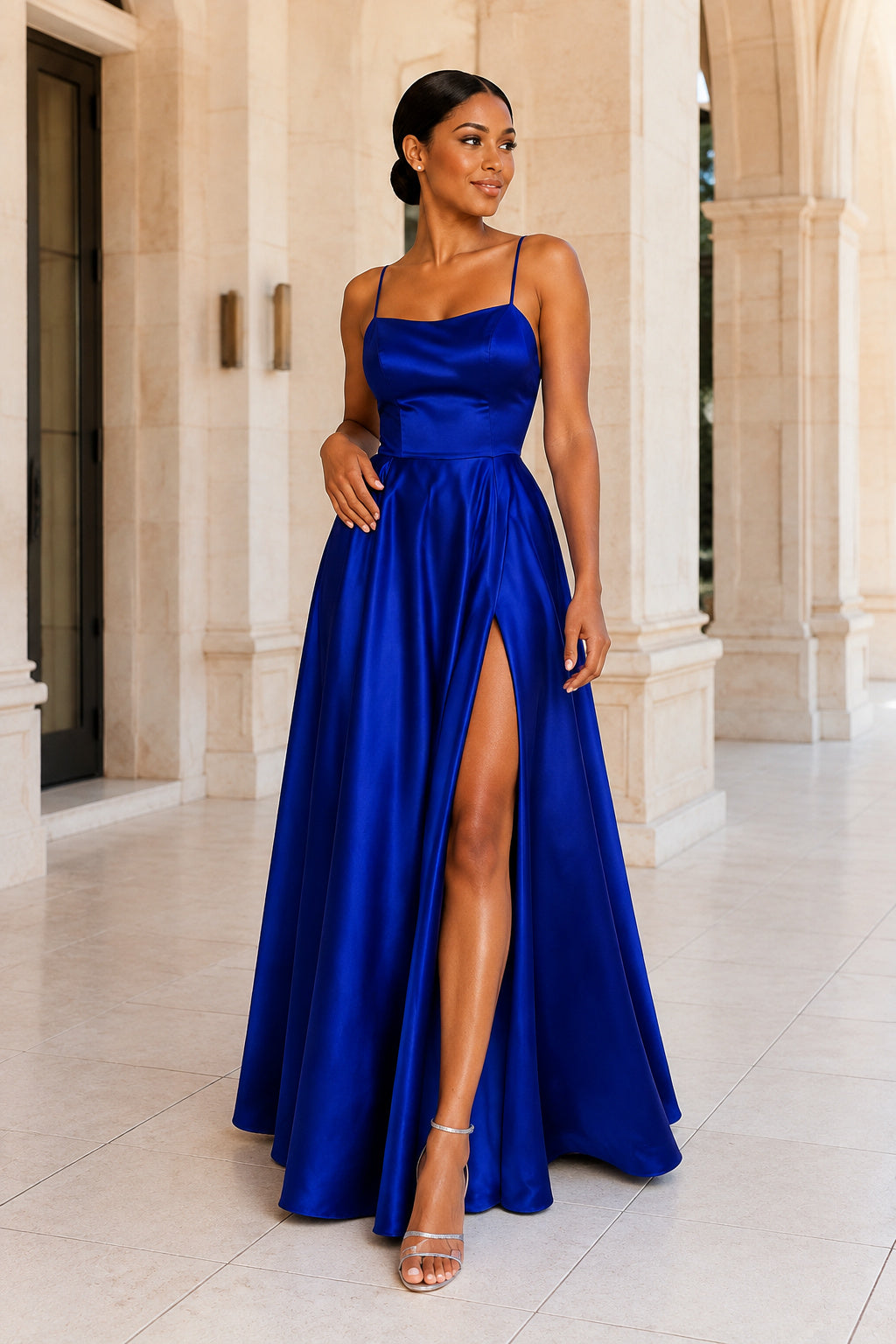 Square Neck High-Slit A-Line Formal Gown