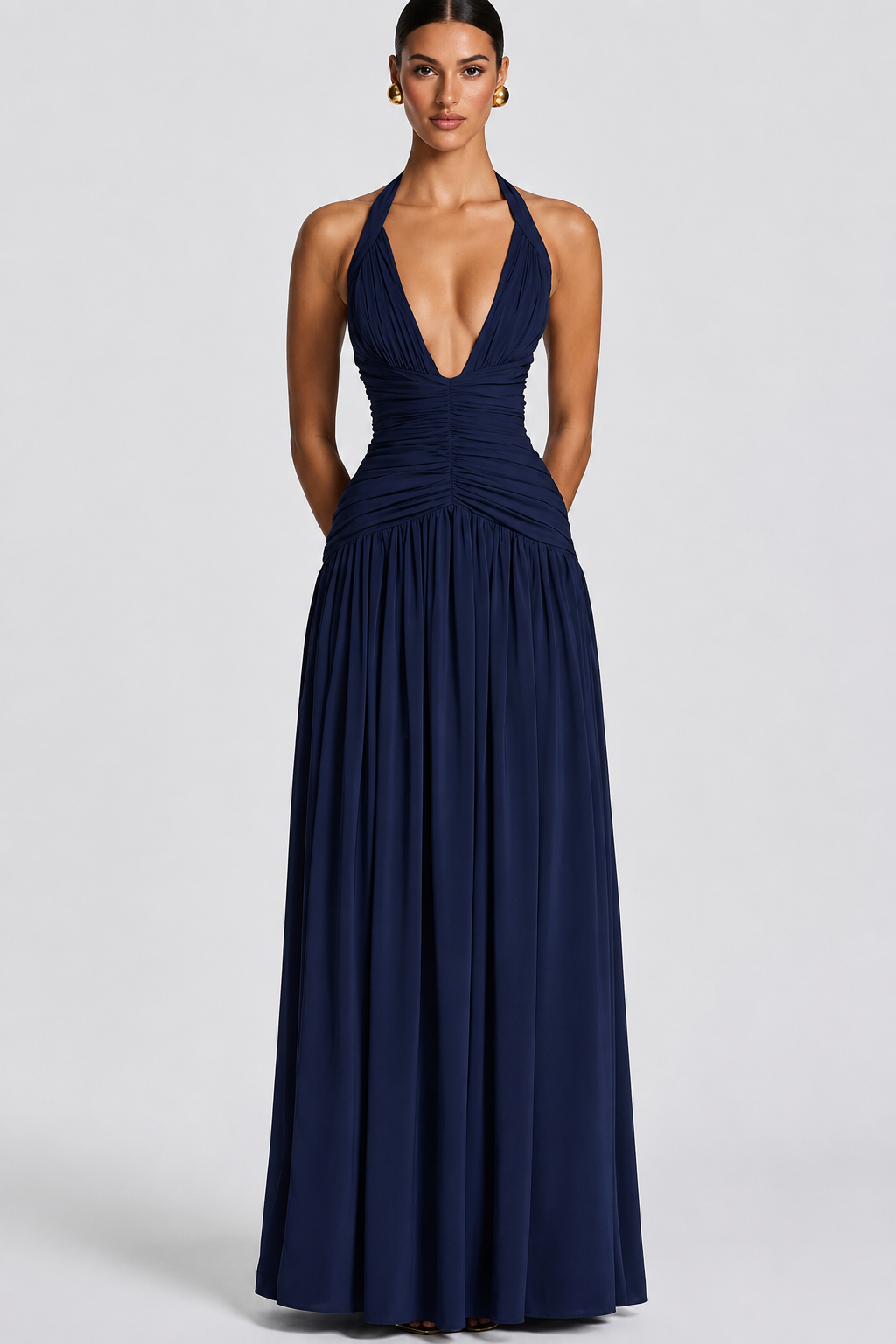Deep-V Halter High-Slit A-Line Evening Gown