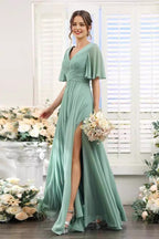 V-Neck Flutter Sleeve Ruched High-Slit Evening Gown