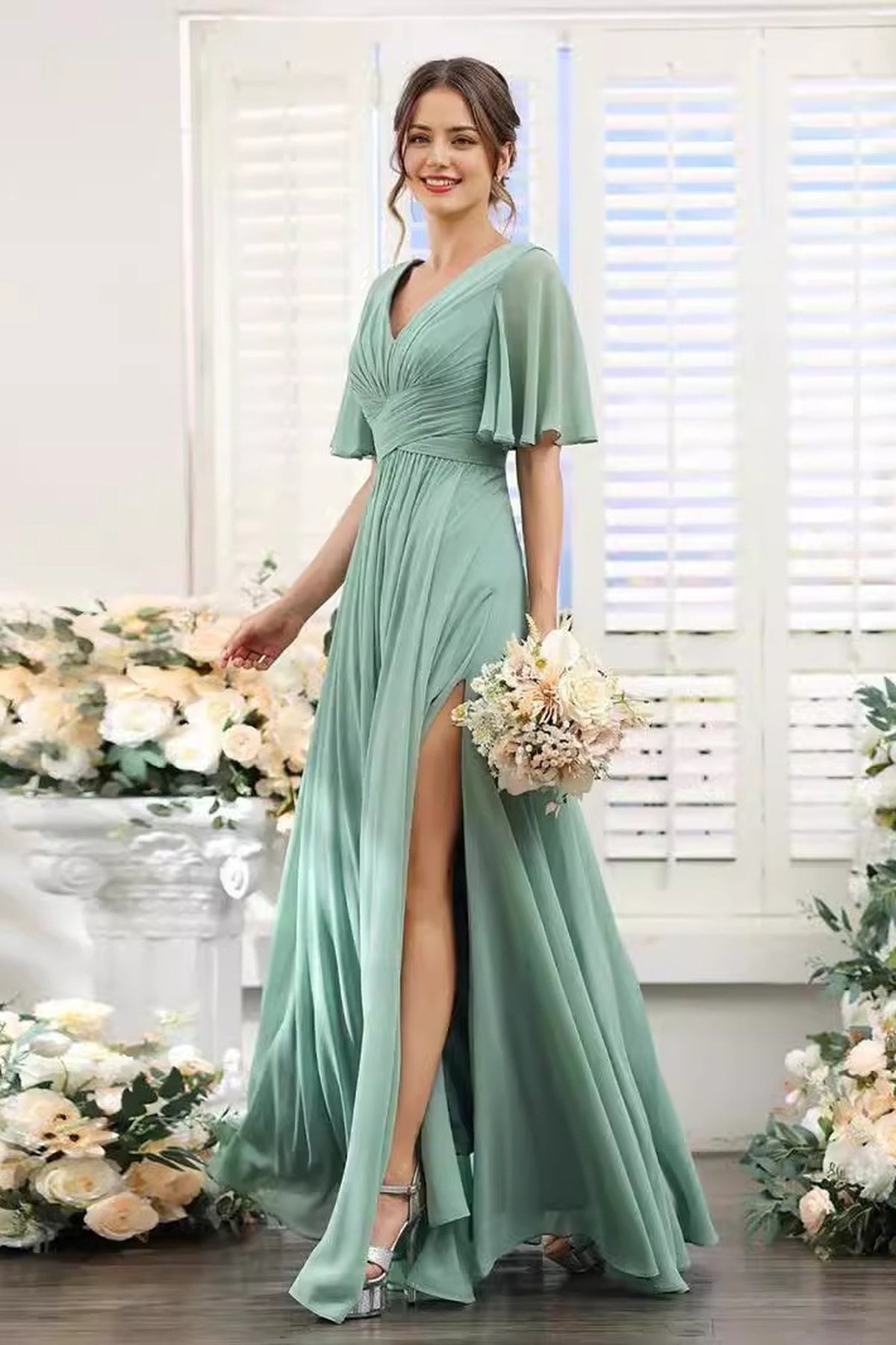 V-Neck Flutter Sleeve Ruched High-Slit Evening Gown