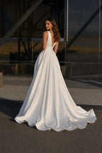 Deep V-Neck Waistband A-Line Evening Gown