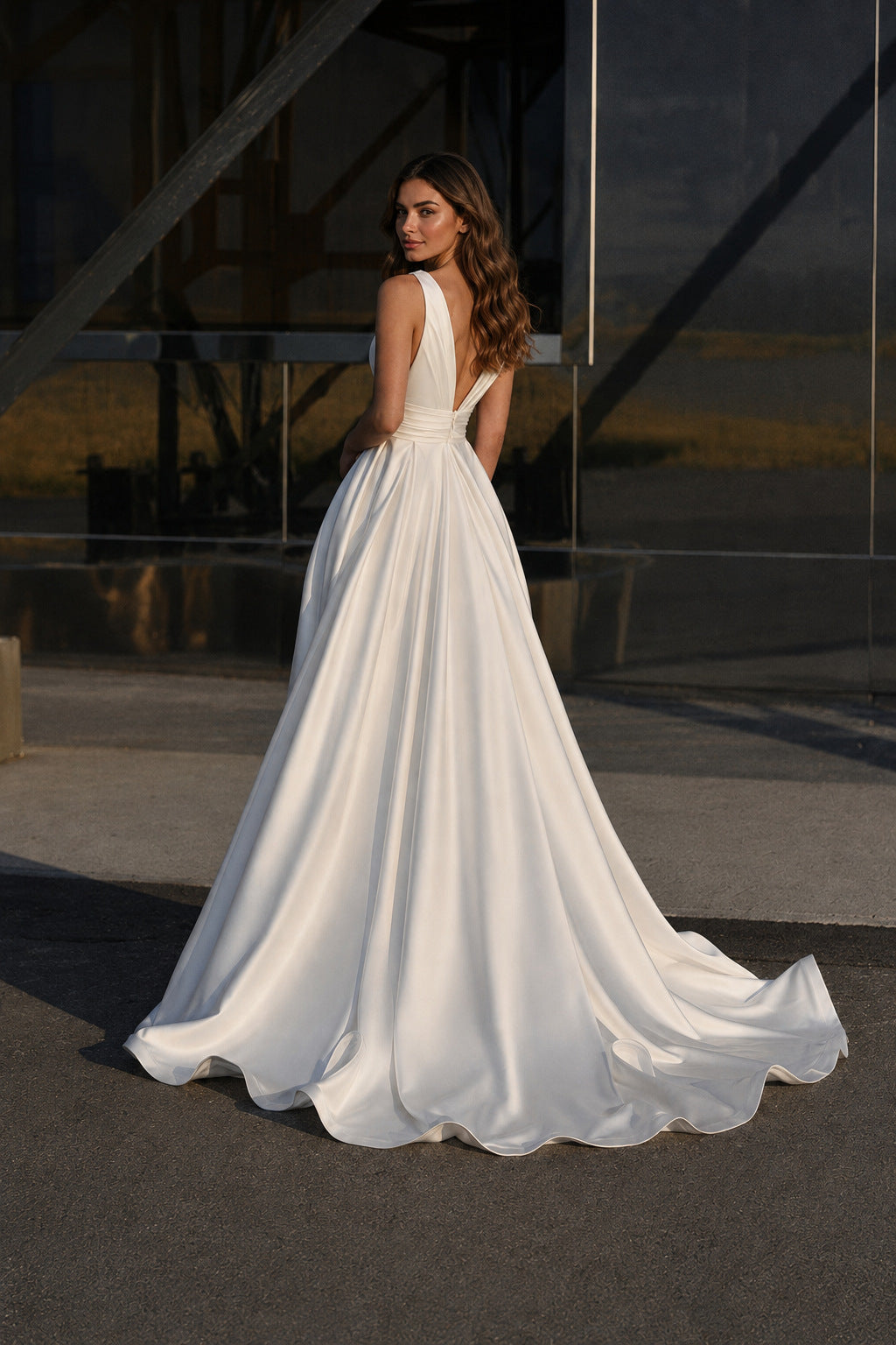 Deep V-Neck Waistband A-Line Evening Gown