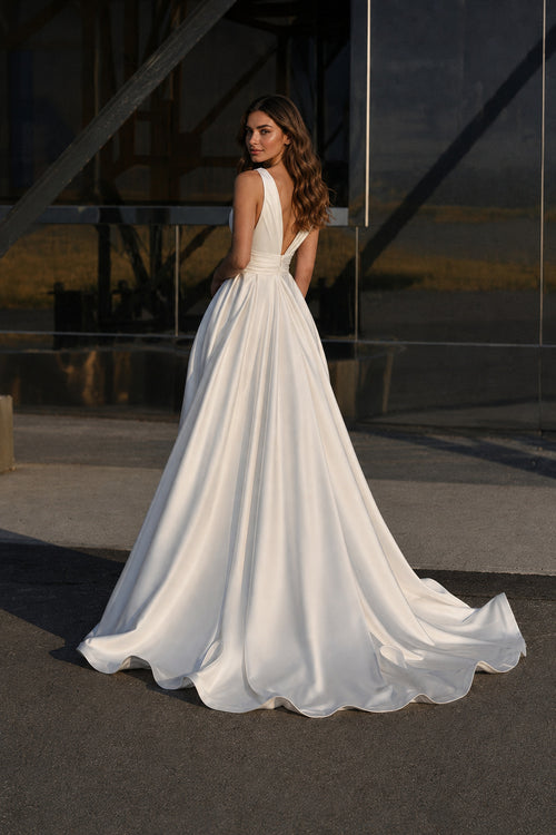 Deep V-Neck Waistband A-Line Evening Gown
