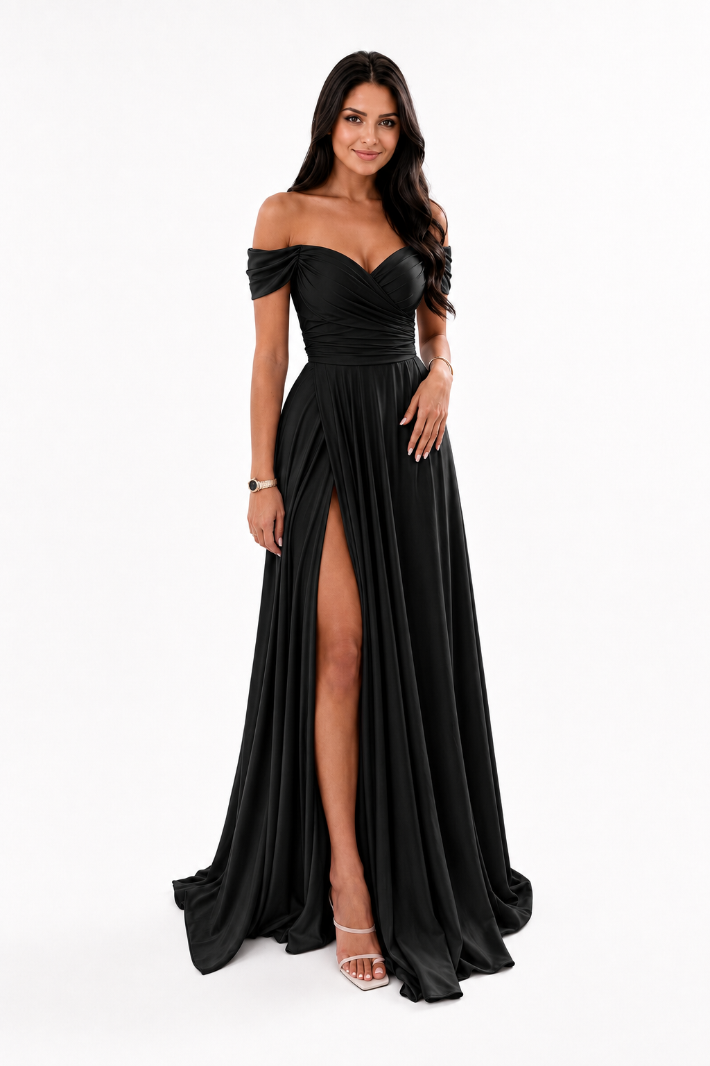 Off-Shoulder Ruched A-Line Evening Gown with Slit