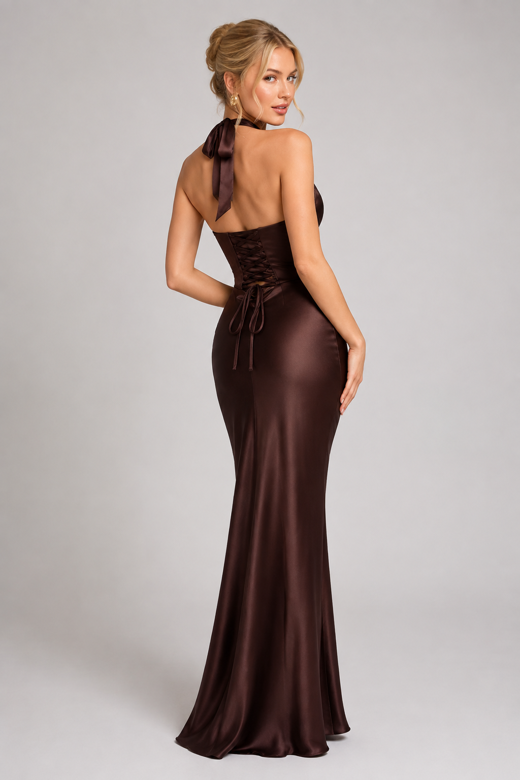 Ruched Halter Column Evening Gown with Lace-Up Back