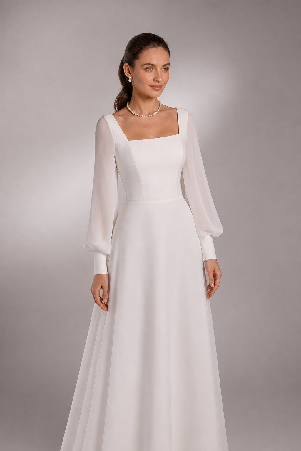Square-Neck Sheer-Sleeve Lace-Up Back A-Line Gown