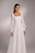 Square-Neck Sheer-Sleeve Lace-Up Back A-Line Gown