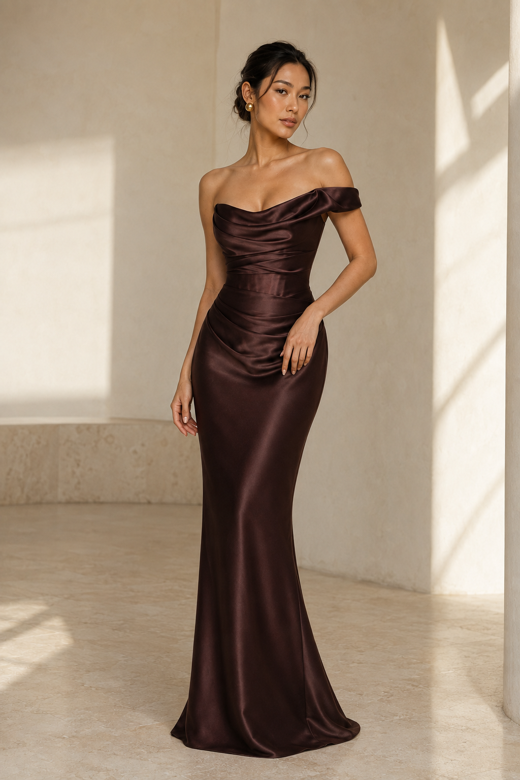 Draped Off-Shoulder Satin Column Gown