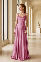 Tie-Strap Cowl-Neck A-Line Evening Gown