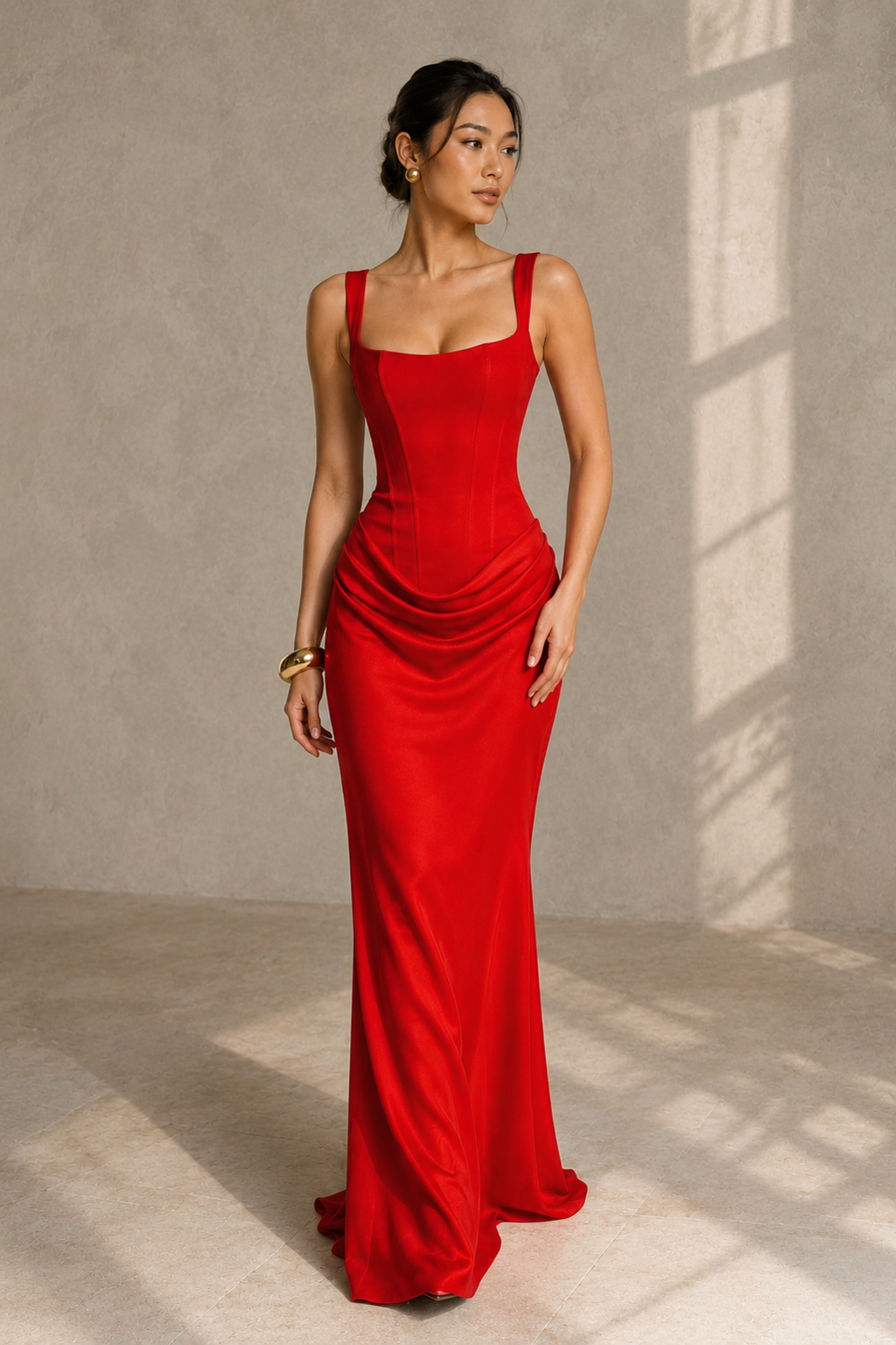 Square Neck Ruched Column Evening Gown with Lace-Up Back