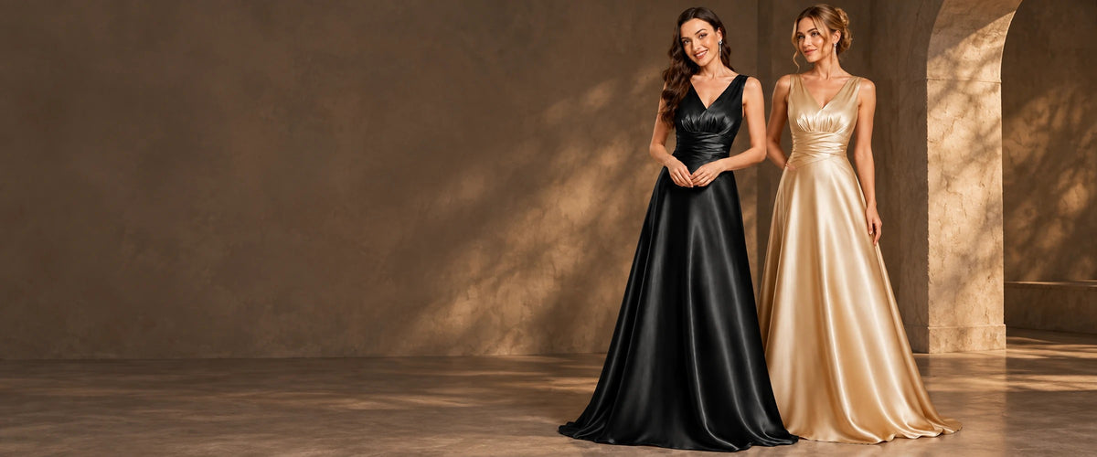 Black and champagne V-neck satin formal gowns for black-tie events