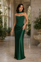 Dark green strapless draped column evening gown front view