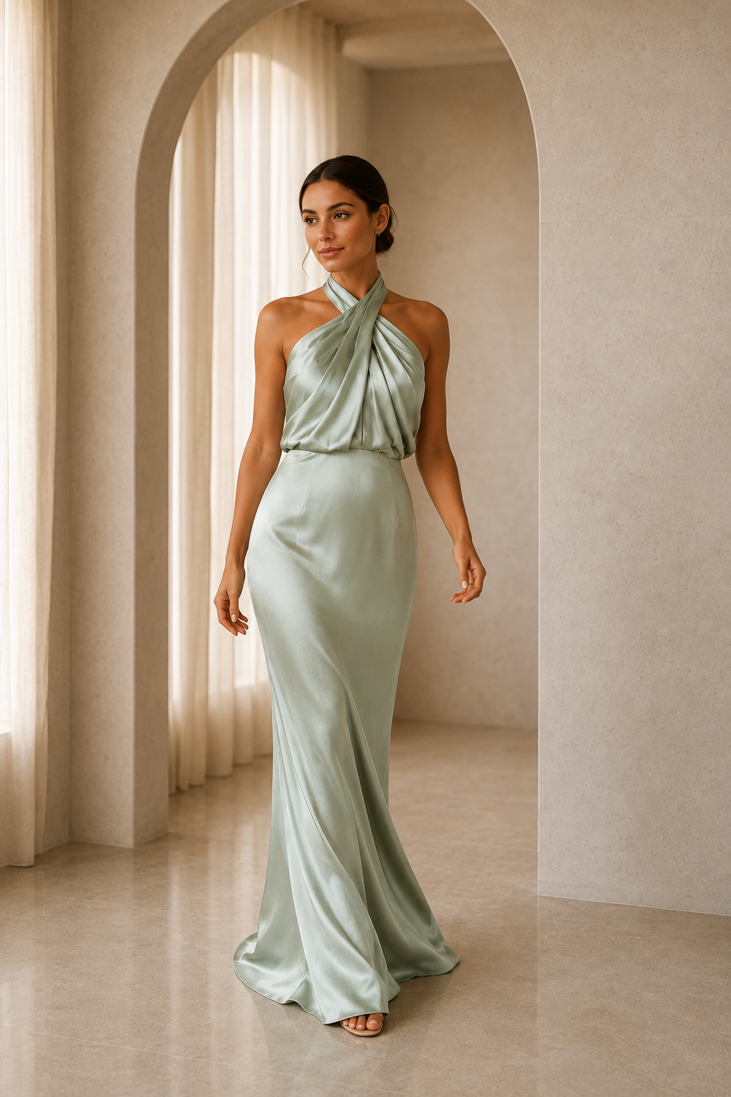 Asymmetric Draped Halter A-Line Evening Gown
