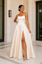 Square Neck High-Slit A-Line Formal Gown