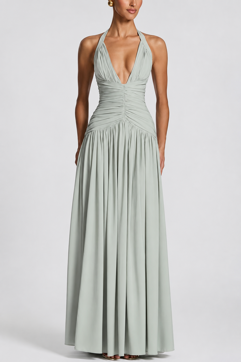 Deep-V Halter High-Slit A-Line Evening Gown