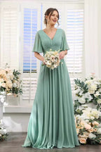 V-Neck Flutter Sleeve Ruched High-Slit Evening Gown