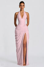 Deep V Halter Ruched High-Slit Evening Gown
