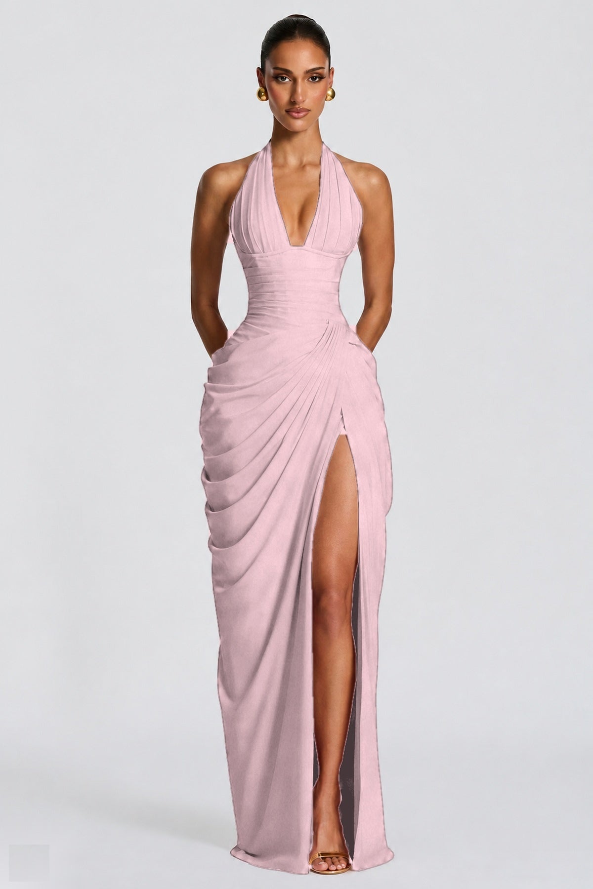Deep V Halter Ruched High-Slit Evening Gown