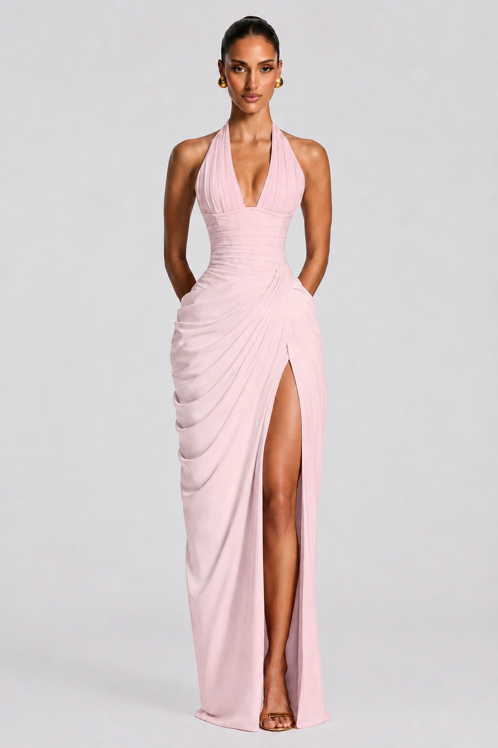 Deep V Halter Ruched High-Slit Evening Gown