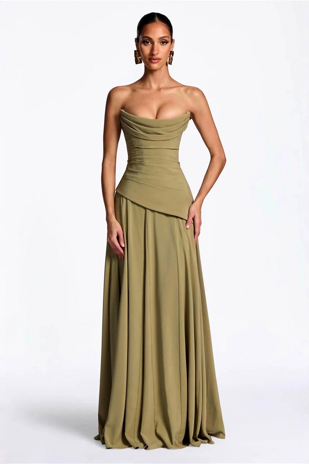 Scarf-Neck Ruched A-Line Evening Gown